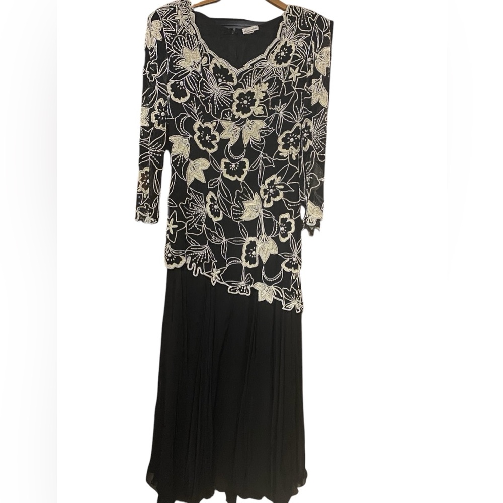 Vintage Lillie Rubin Silk Beaded Sequin Floral Appliqué Formal Gown M